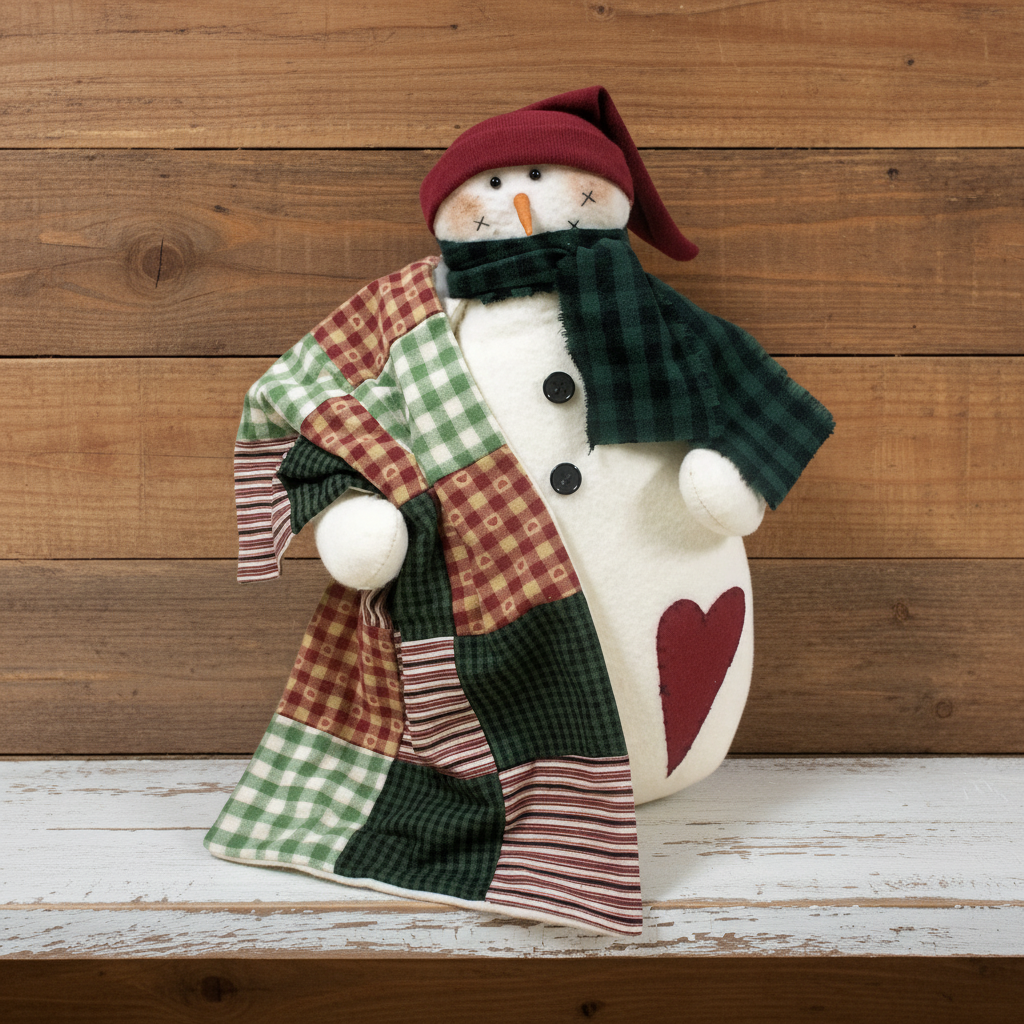Decorative snowman with a patchwork coat and plaid scarf against a wooden background