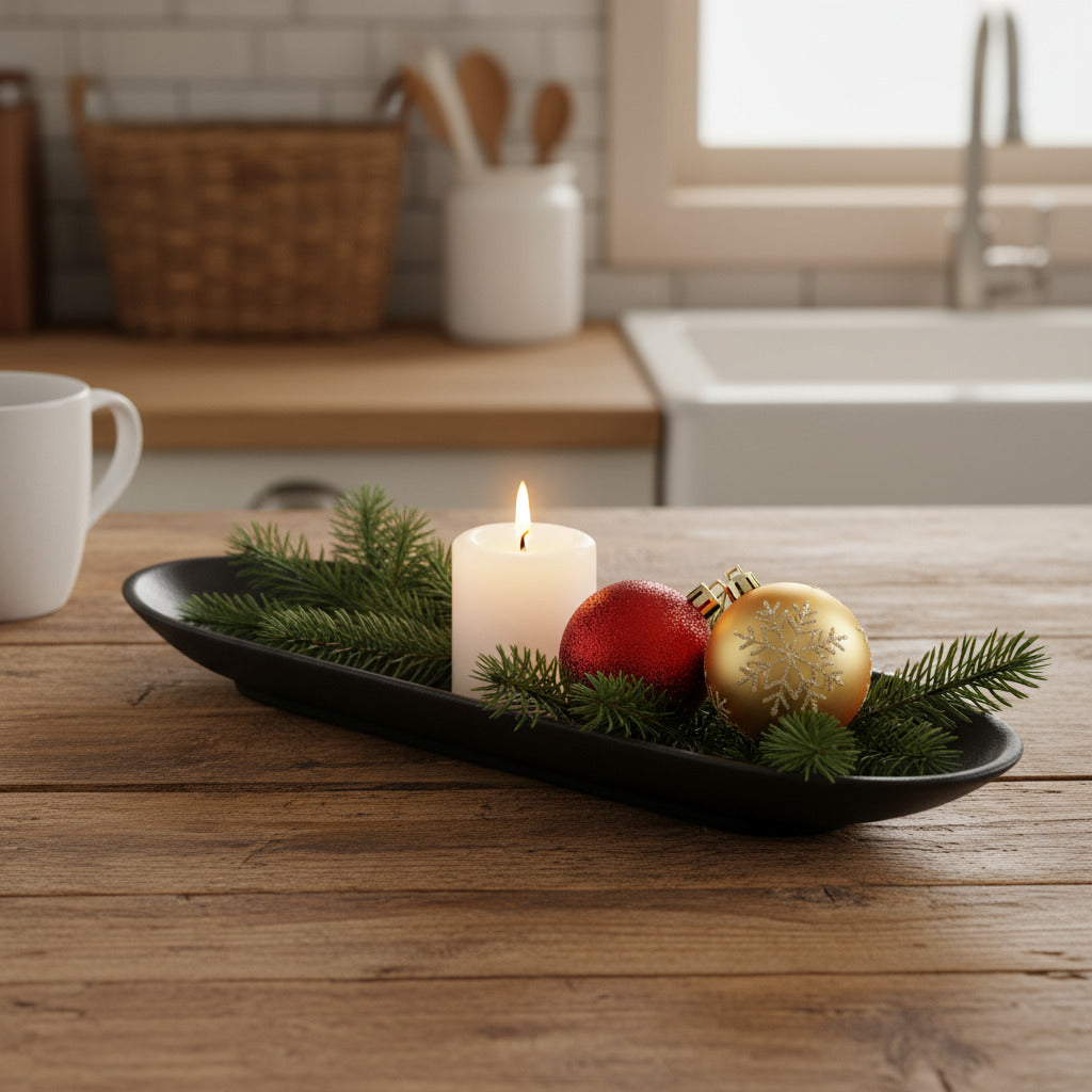 Long narrow oval distressed resin decorative tray