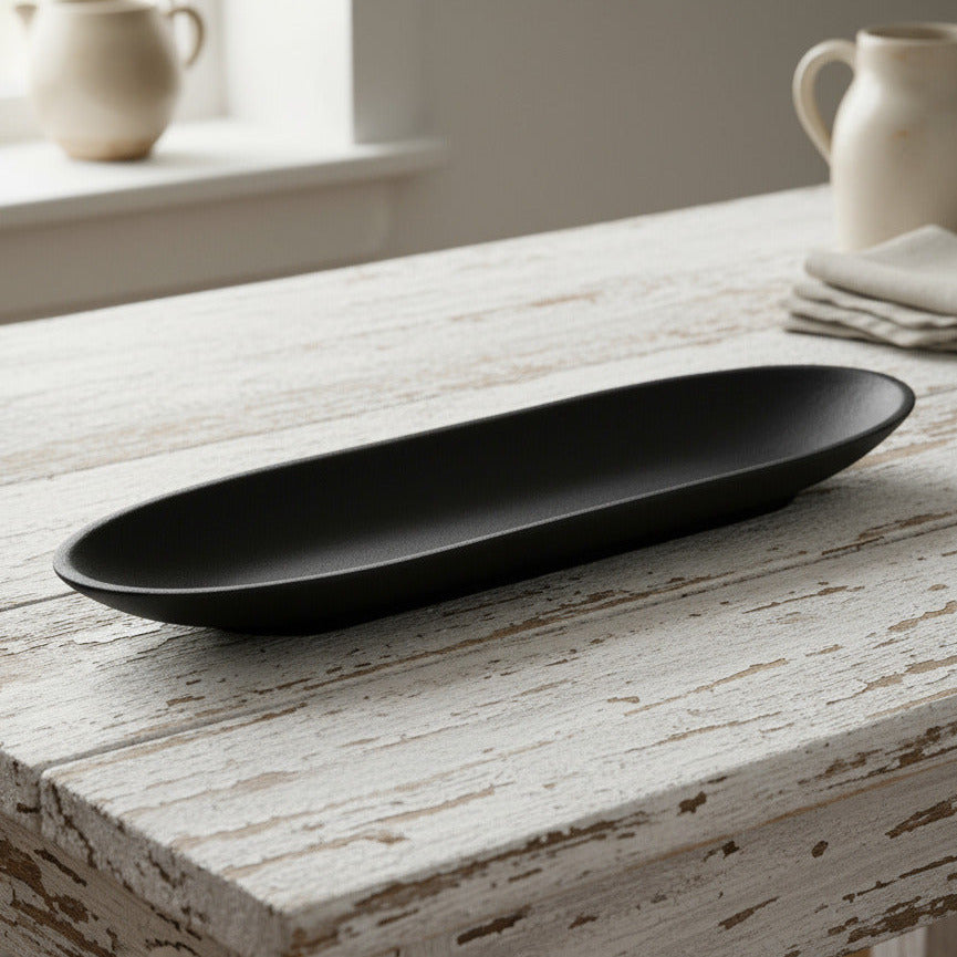 Long narrow oval distressed resin decorative tray