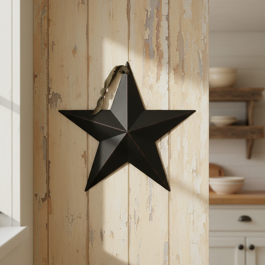 Black star wall decoration on a wooden panel with a blurred kitchen background
