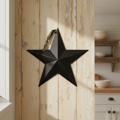 Black star wall decoration on a wooden panel with a blurred kitchen background