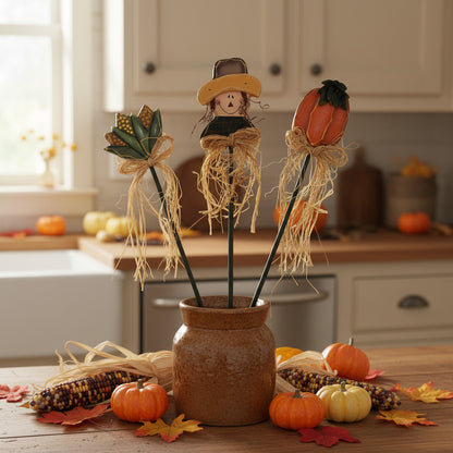 Decorative arrangement with scarecrow, corn, and pumpkins in a vase on a kitchen counter.