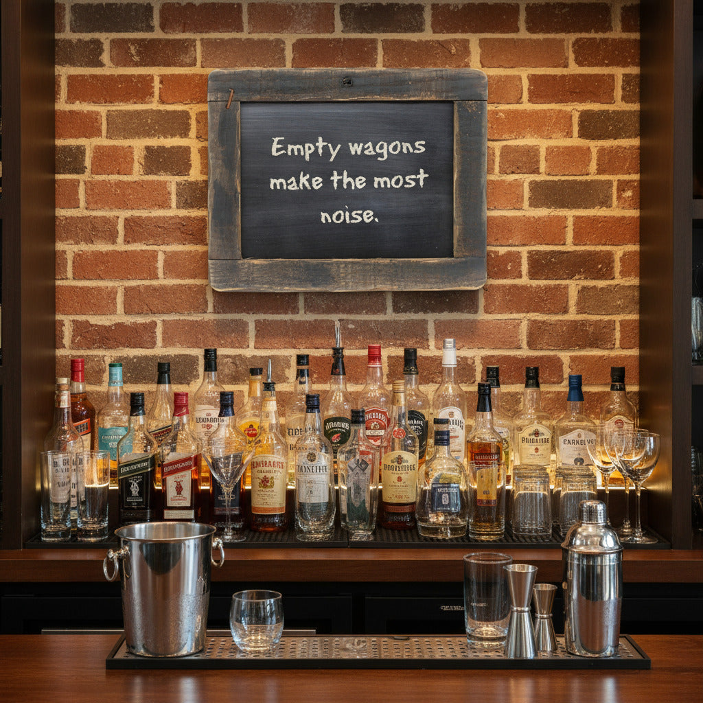 Bar setup with liquor bottles, glasses, and a chalkboard sign on a brick wall.
