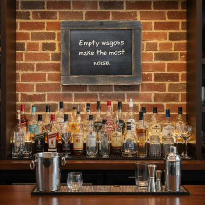 Bar setup with liquor bottles, glasses, and a chalkboard sign on a brick wall.