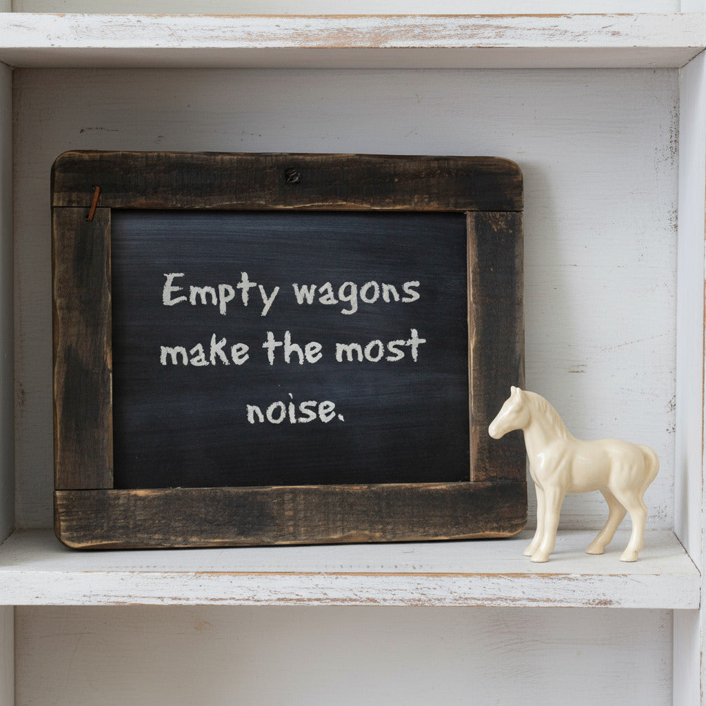 Wooden-framed chalkboard with the quote 'Empty wagons make the most noise.' on a white background