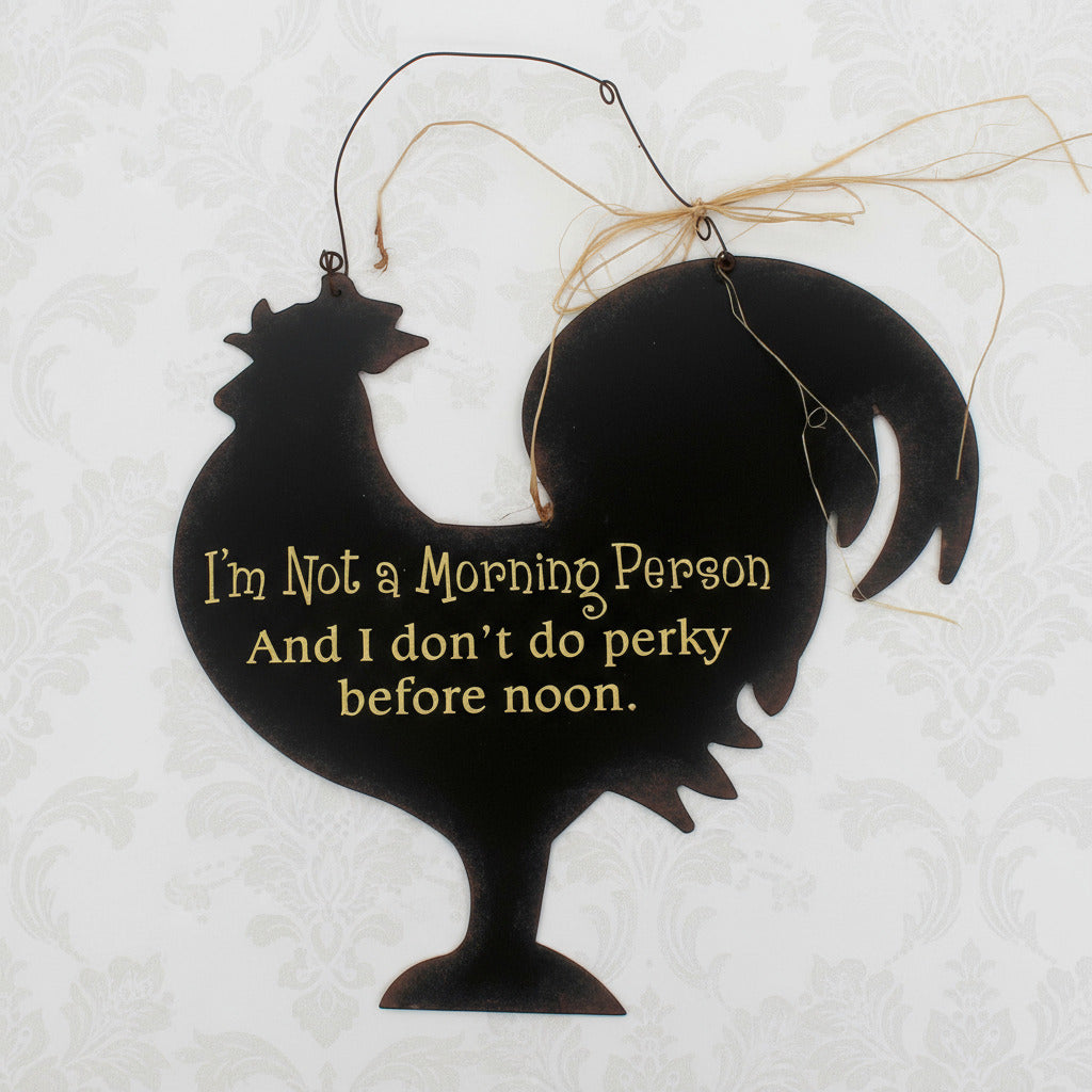 Black silhouette of a rooster with humorous text on a white background