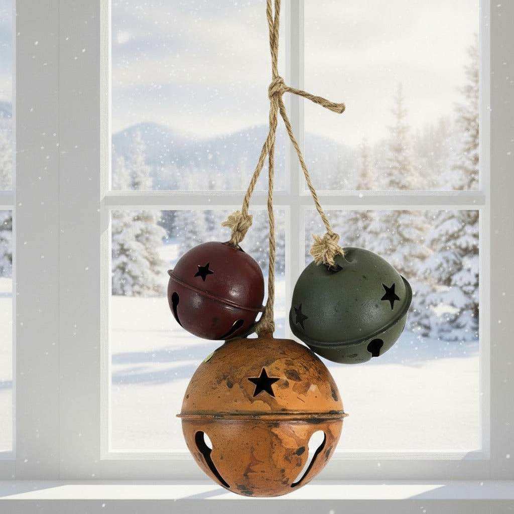 Three wooden bells with star patterns hanging on a rope against a white background