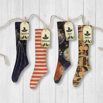 Four Halloween-themed socks with unique designs and labels on a white background