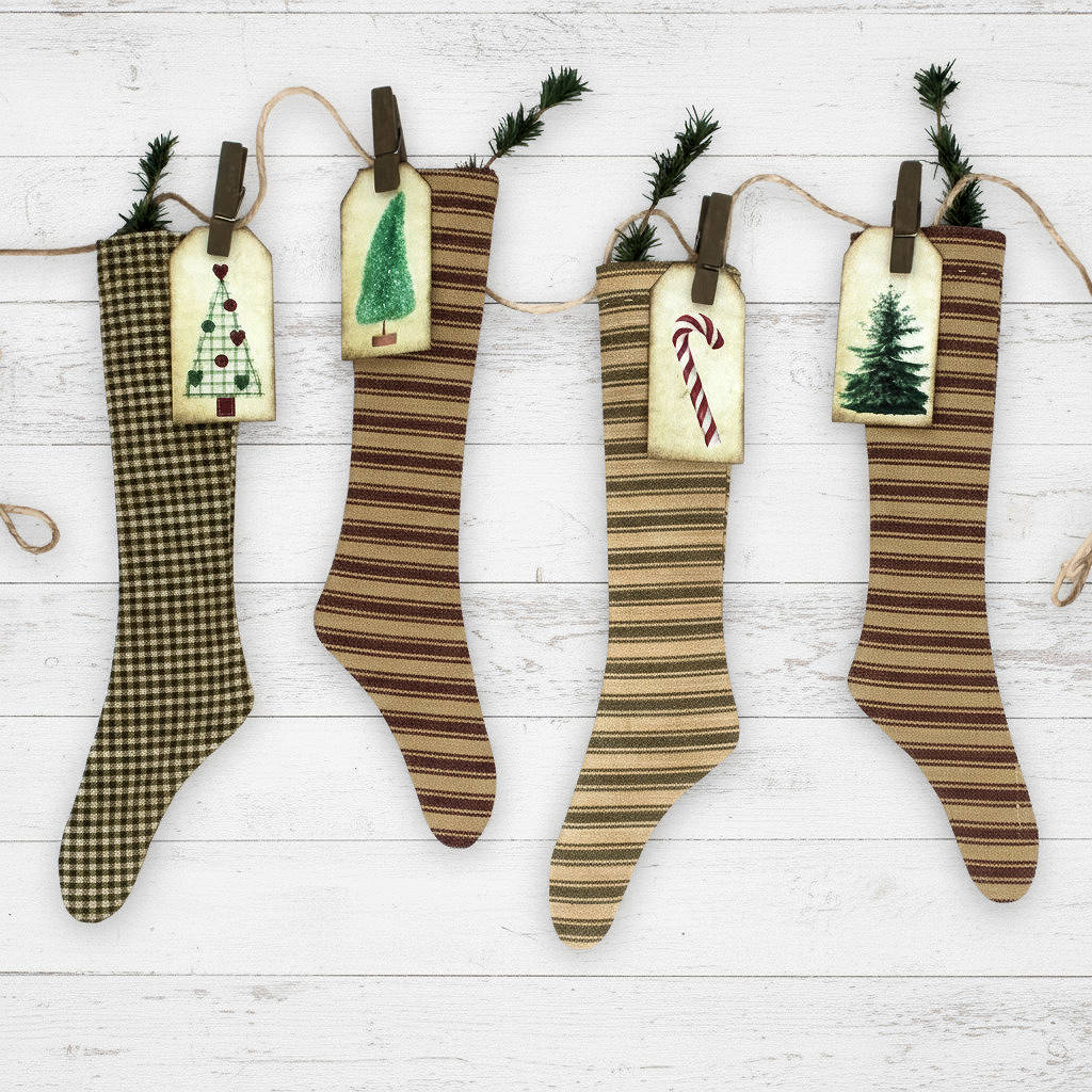 Four striped Christmas stockings with decorative tags on a white wooden background