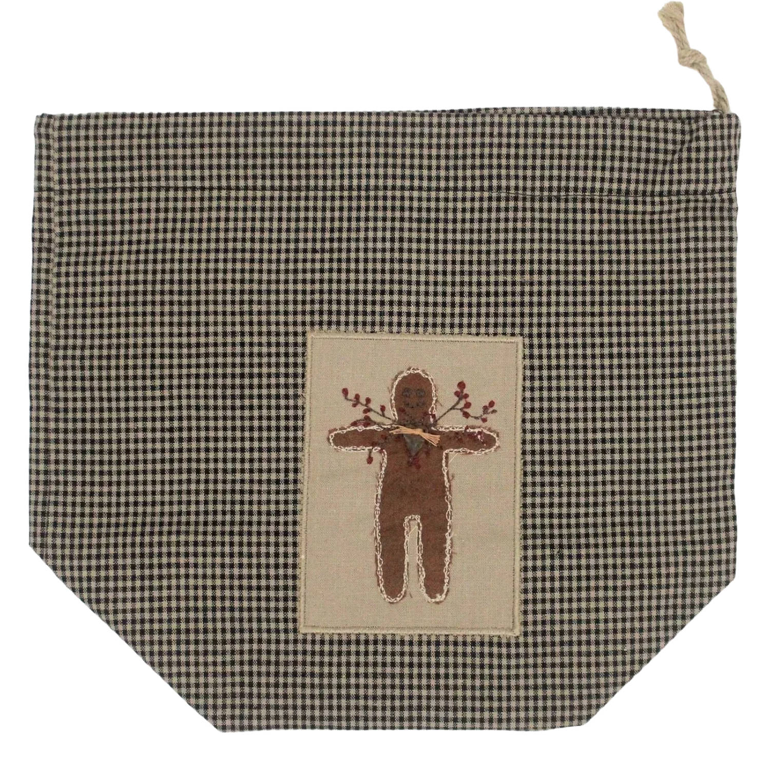 Checkered drawstring bag cube tissue box cover with embroidered gingerbread design on a white background