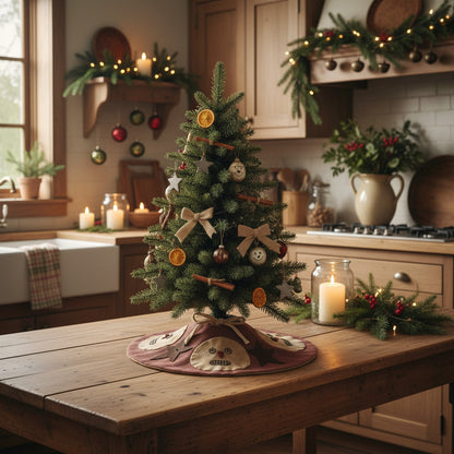 Primitive homespun mini Christmas tree skirt with snowman faces and rusty stars