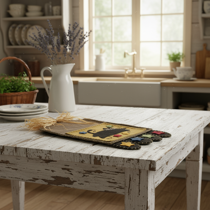 White distressed wooden table with decorative items in a kitchen setting