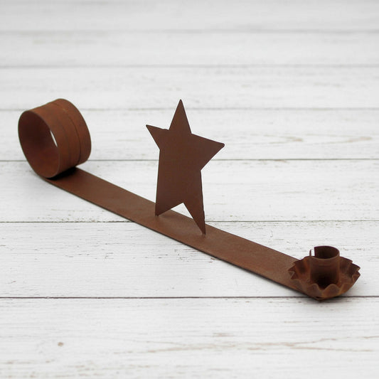 Rusty tin metal skinny taper candle holder with handle