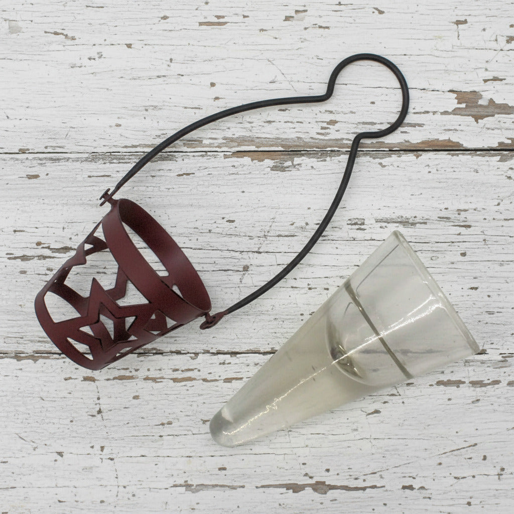 Hanging tea light holder with burgundy star design and glass cone