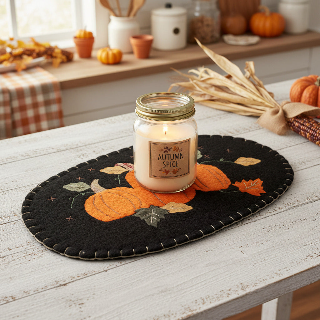 Decorative black oval mat with orange pumpkins and autumn leaves