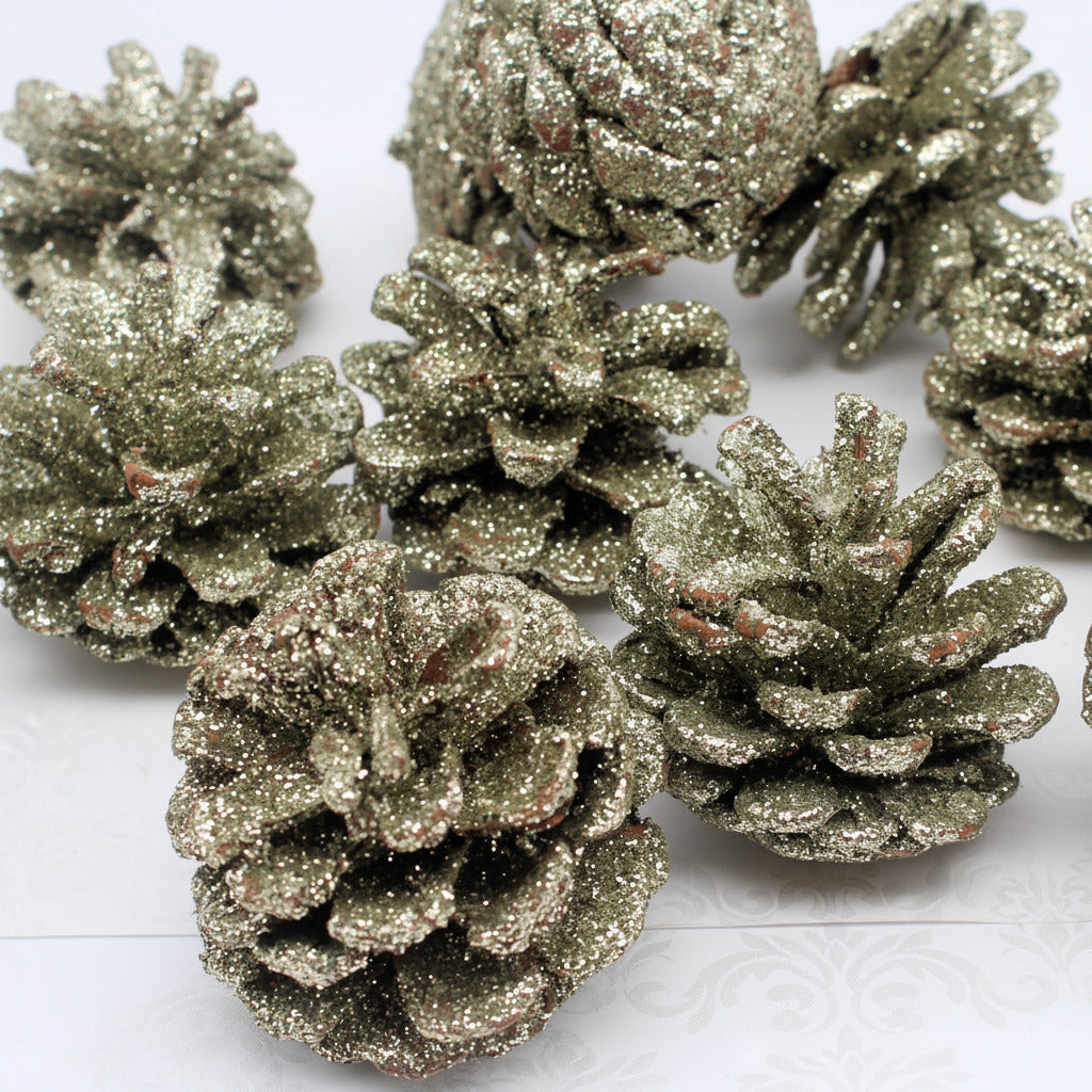 Glittery pinecones on a white background
