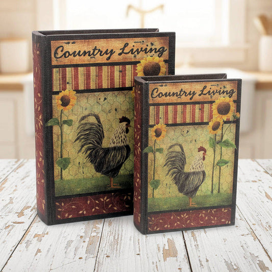 Two decorative boxes with rooster and sunflower design labeled 'Country Living' on a wooden surface.