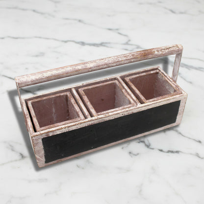 Distressed wooden caddy planter box with chalkboard front