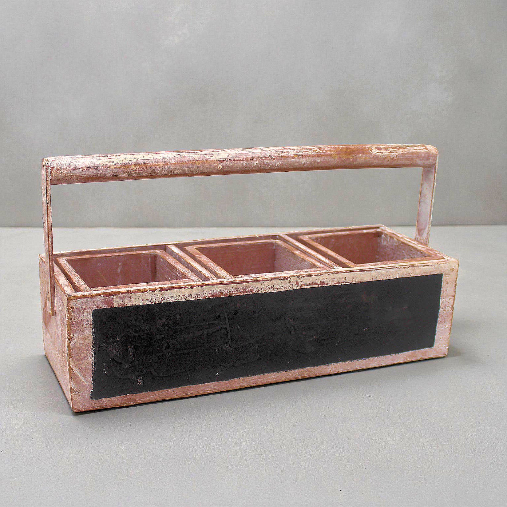 Distressed wooden planter box caddy with chalkboard front