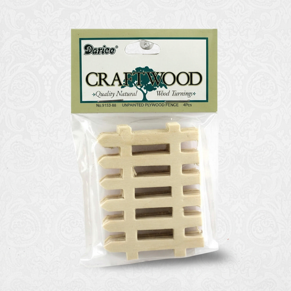 Packaged Darice Craft Wood natural wood miniature fences on a white background