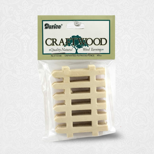 Packaged Darice Craft Wood natural wood miniature fences on a white background