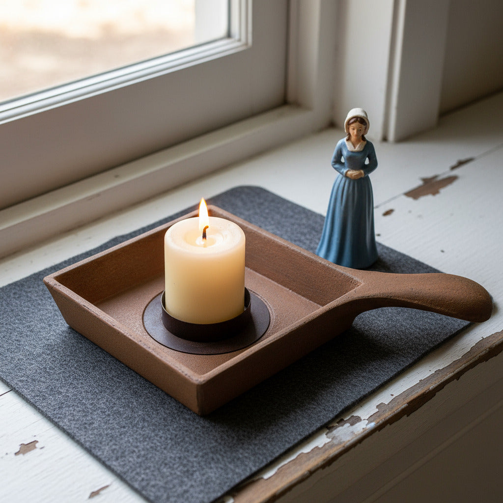 Mustard brown colonial primitive candle holder pan