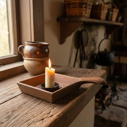 Mustard brown colonial primitive candle holder pan