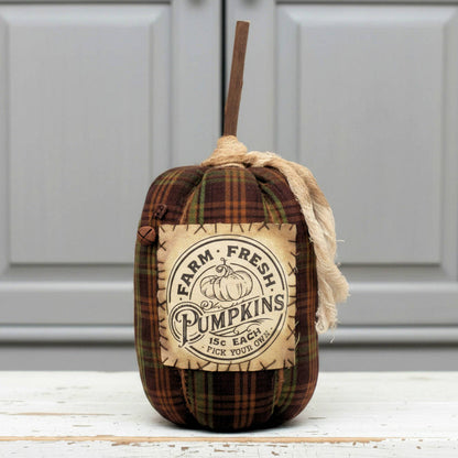 Decorative pumpkin with plaid pattern and 'Farm Fresh Pumpkins' label on a white background