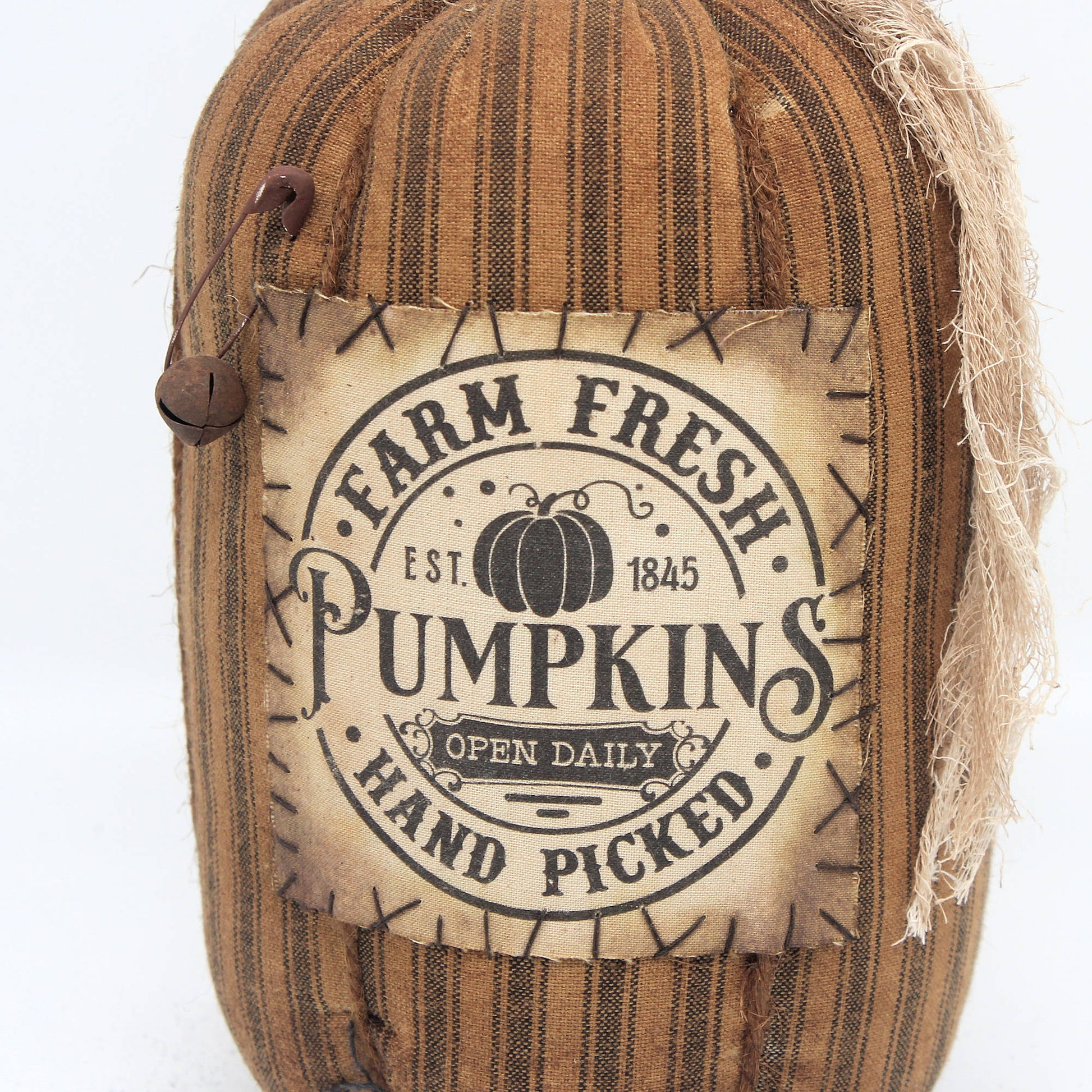 Decorative pumpkin with a 'Farm Fresh Pumpkins' label on a white background