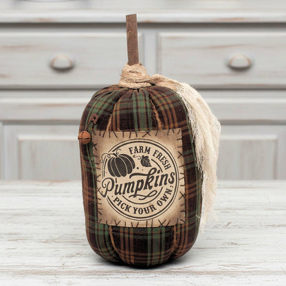 Decorative pumpkin with plaid pattern and 'Farm Fresh Pumpkins' label on a wooden surface.