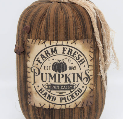 Decorative pumpkin with 'Farm Fresh Pumpkins' label on a white background