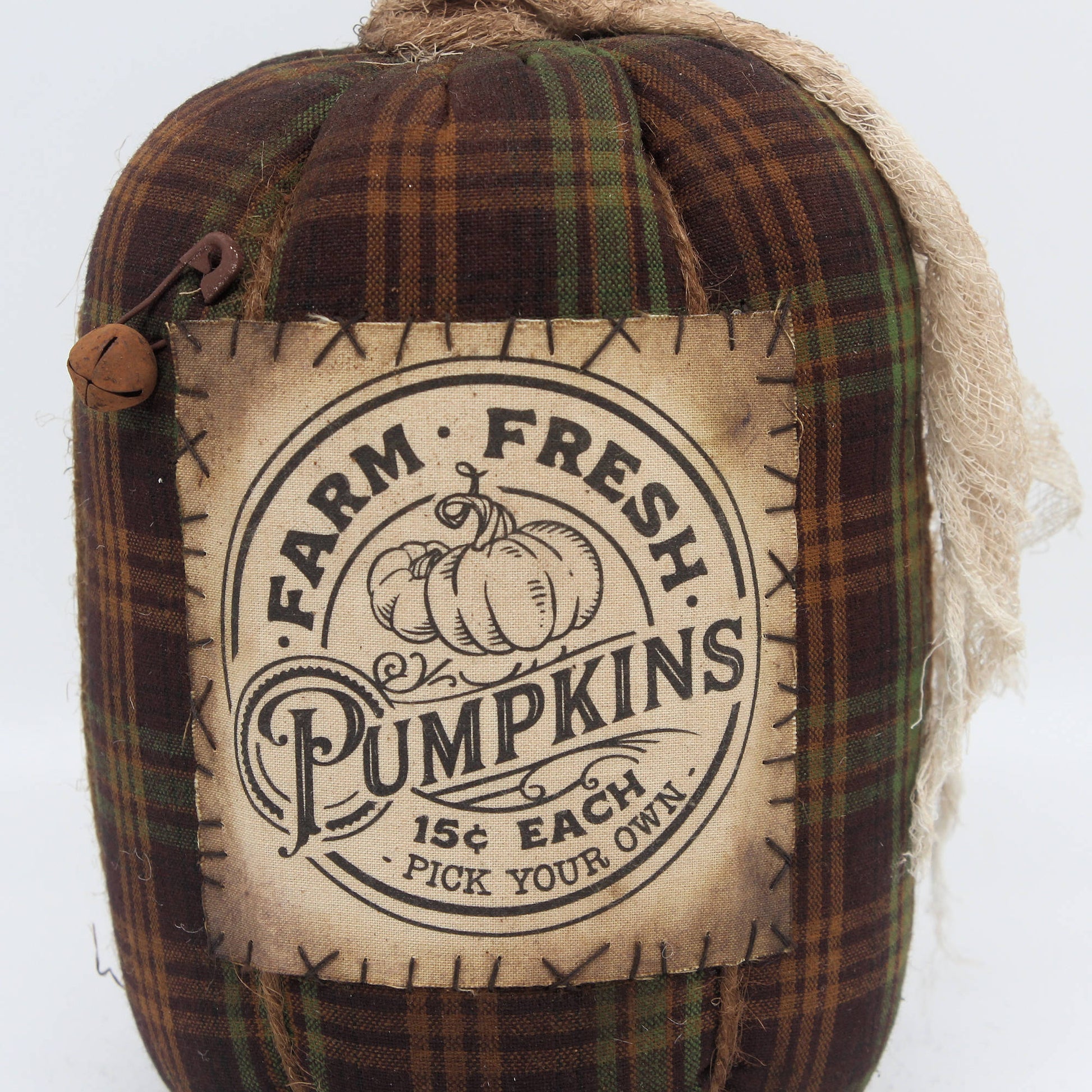 Decorative pumpkin with plaid pattern and 'Farm Fresh Pumpkins' label on a white background