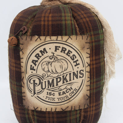Decorative pumpkin with plaid pattern and 'Farm Fresh Pumpkins' label on a white background