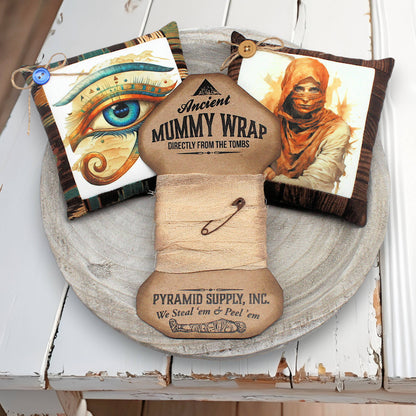Handcrafted 3-piece set of ancient Egypt Halloween bowl fillers including two mini pillows and a card of cheesecloth mummy wrap