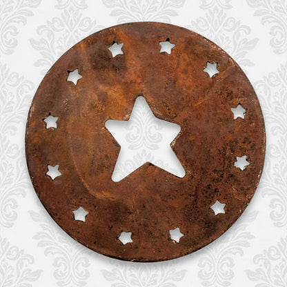Rusty tin jar candle topper with folk art star design cutouts