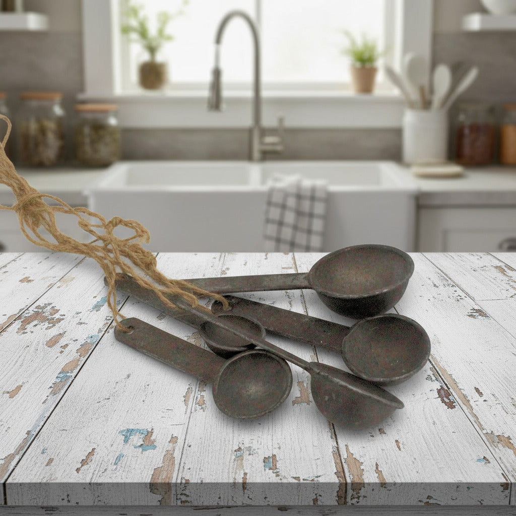 Set of five rustic metal measuring spoons on a white background