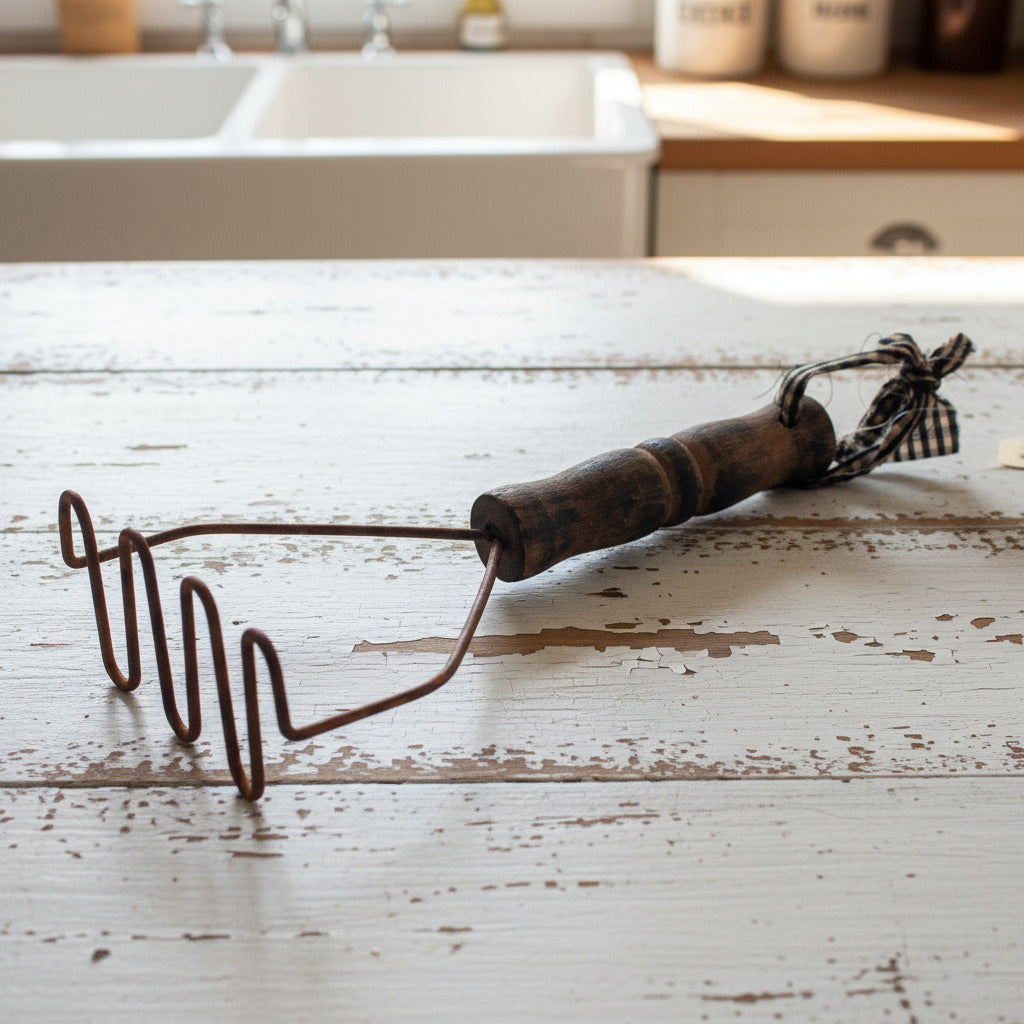 Vintage-style metal masher on a wooden surface with a kitchen background