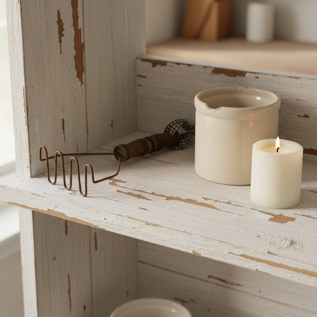 Vintage-style kitchen scene with a candle, pot, and whisk on a wooden surface.