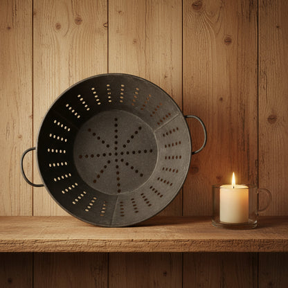 Vintage-style metal colander on a shelf