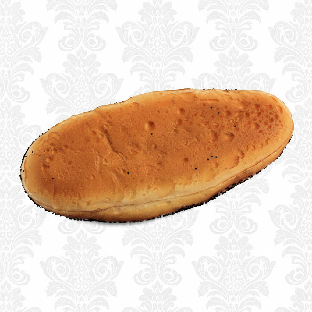 Long, oval-shaped fake bread roll on a white background