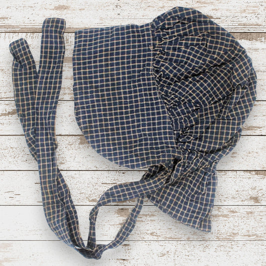 Dark blue and tan checked homespun decorative prairie bonnet