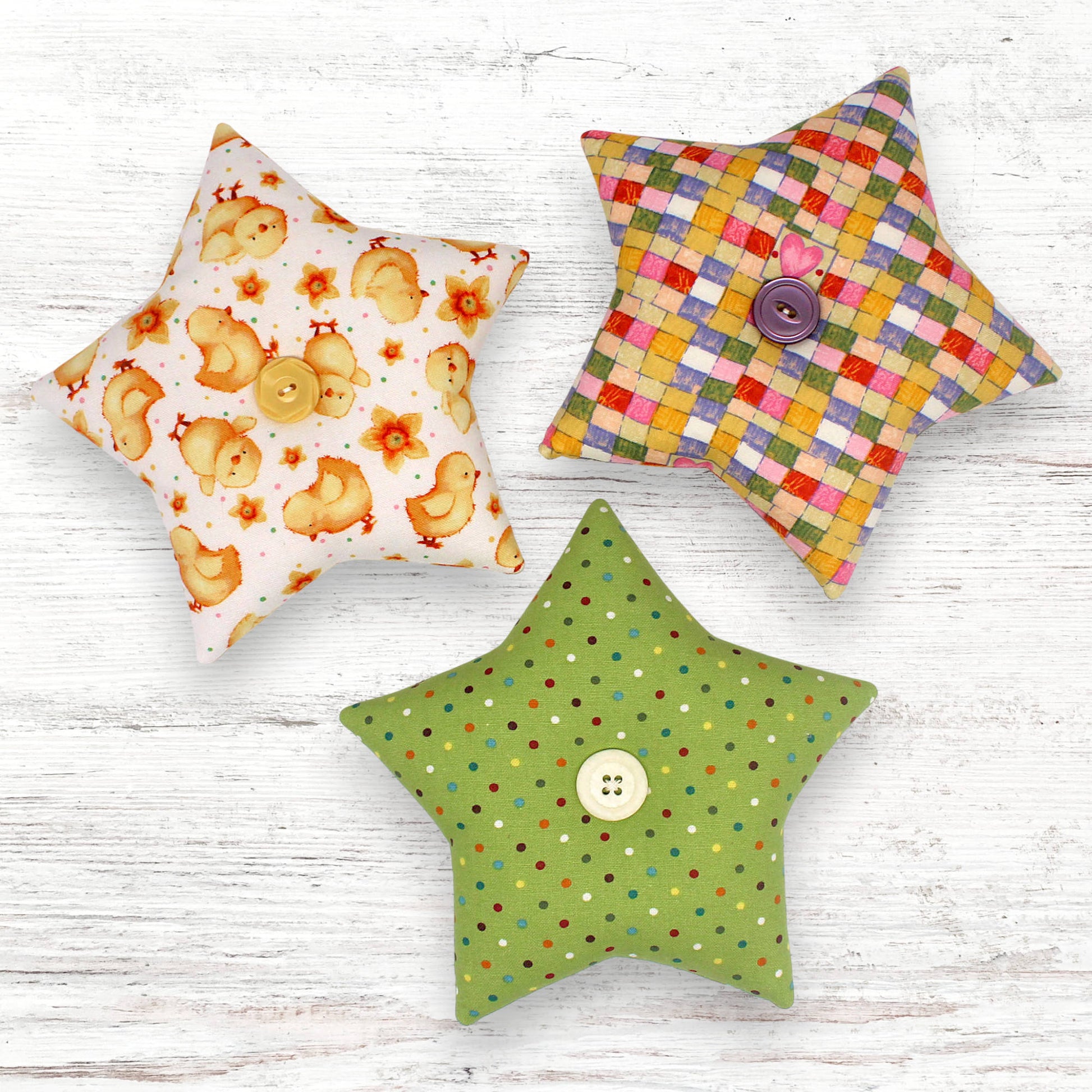 Set of three fabric stars bowl fillers with colorful spring chicks design