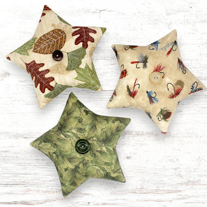 Set of three fabric stars bowl fillers with woodland forest and fishing themed designs