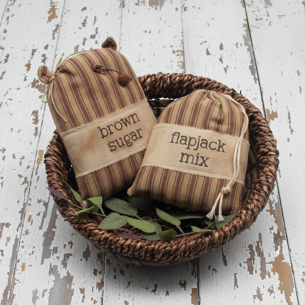 Set of two handcrafted country primitive bowl fillers for flapjack mix and brown sugar