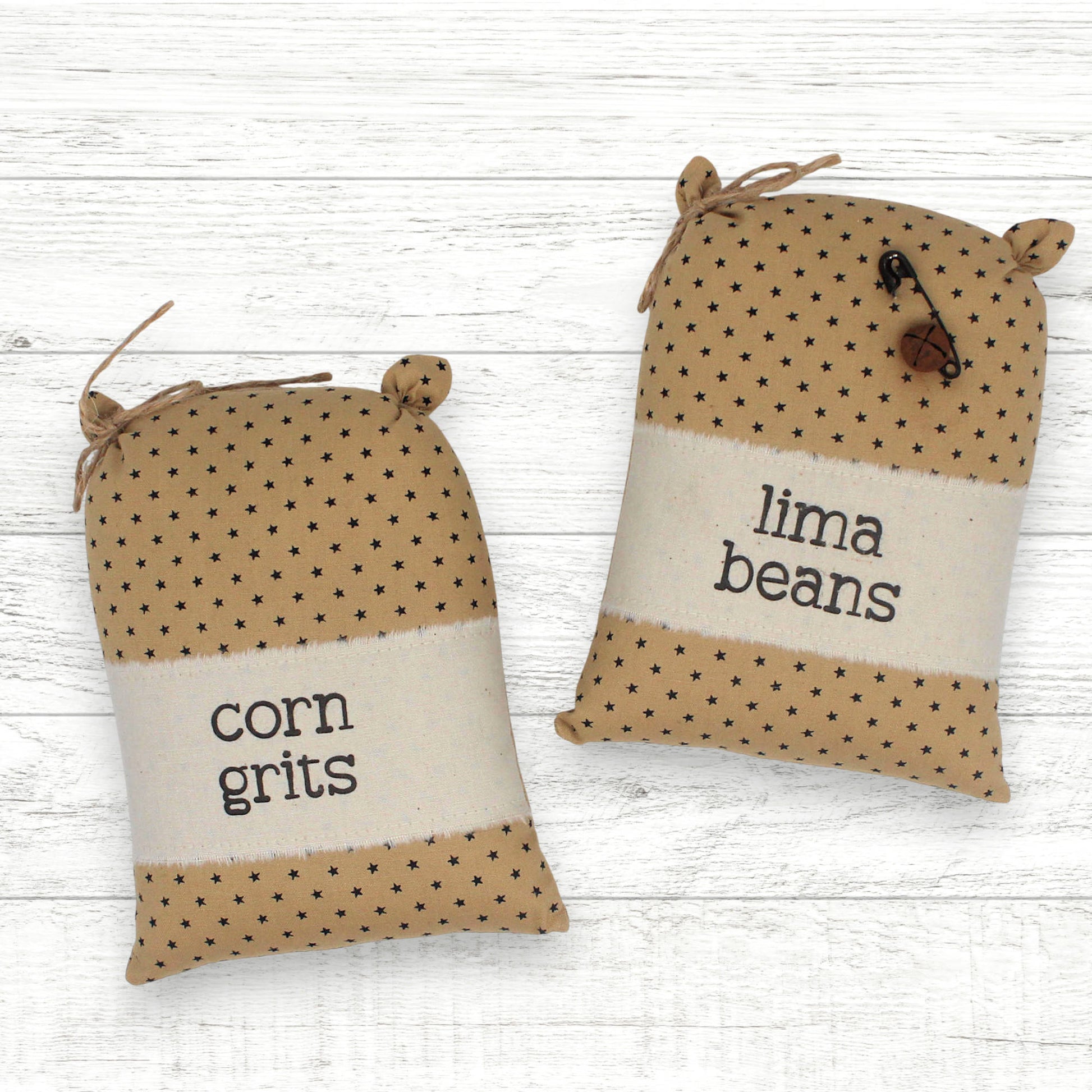 Set of two handcrafted bowl fillers grain sacks for a country primitive or farmhouse kitchen, lima beans and corn grits