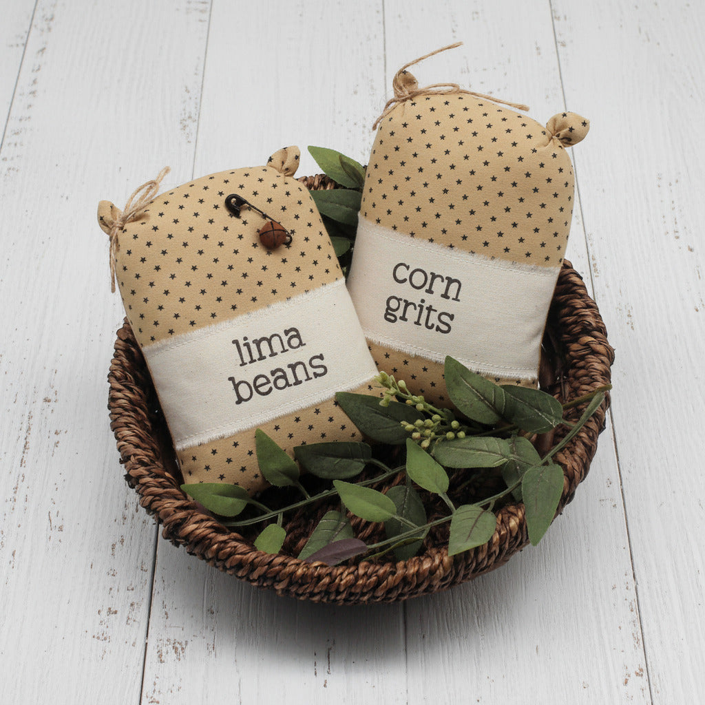 Set of two handcrafted bowl fillers grain sacks for a country primitive or farmhouse kitchen, lima beans and corn grits