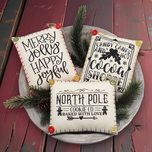 Set of three mini pillow bowl fillers with Christmas and winter holiday designs