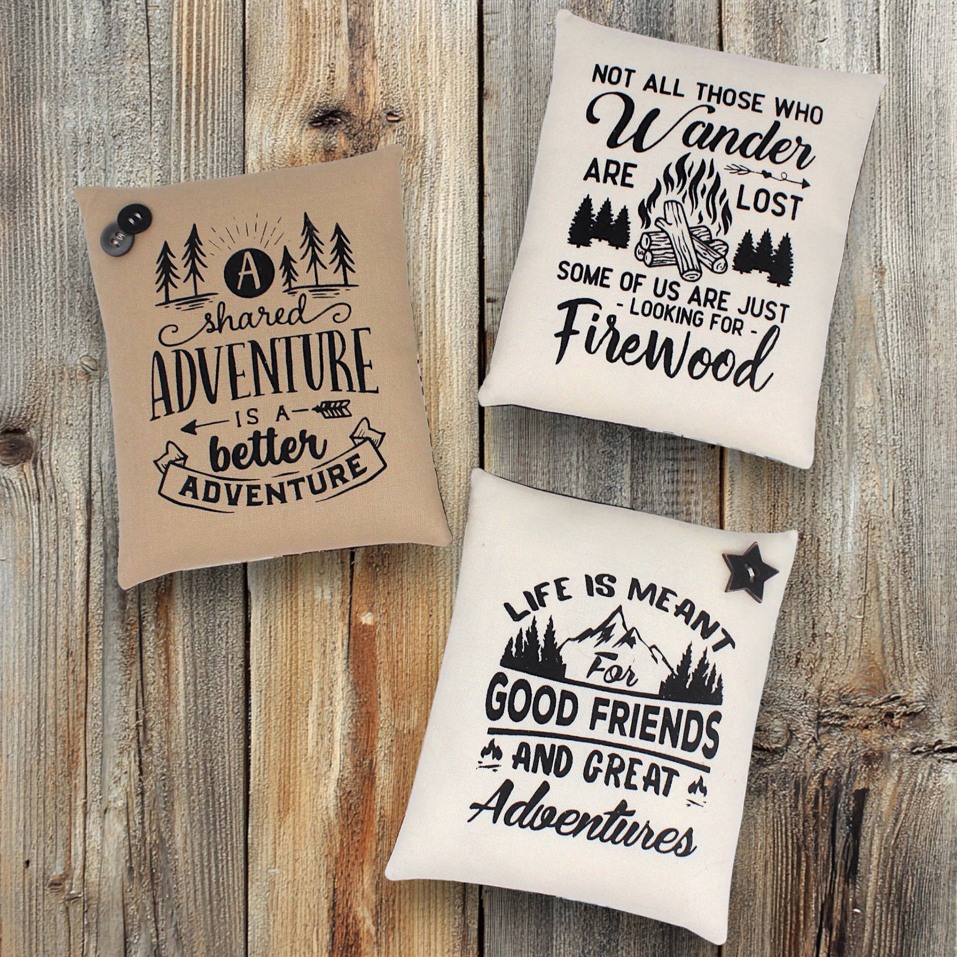 Set of three mini pillow bowl fillers with adventure and camping with friends themes