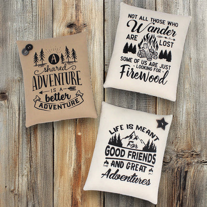Set of three mini pillow bowl fillers with adventure and camping with friends themes