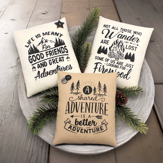 Set of three mini pillow bowl fillers with adventure and camping with friends themes
